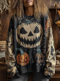Halloween Pumpkin Face And Plant Flower Pattern Design Women's Round Neck Knit Sweater elevenforest