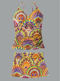 Women's Bohemian V-Neck Print Suspender Skirt Tankini Pantskirt Set Swimsuit