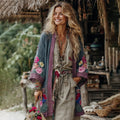 Vintage Bohemian Floral Art Embroidery Print Cotton And Linen Blend Midi-length Kimono Cardigan elevenforest
