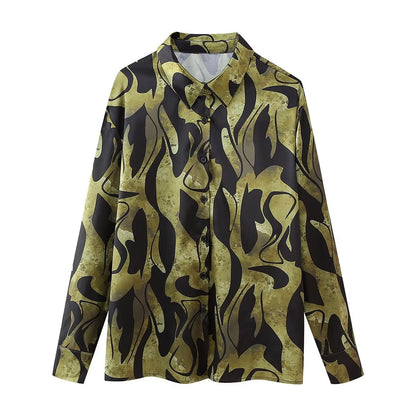 ’s Silk Satin Texture Printed Long Sleeve Shirt – Blouse