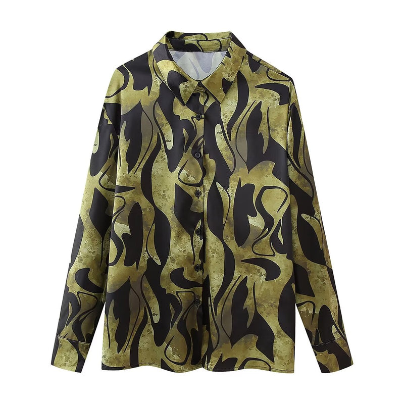 ’s Silk Satin Texture Printed Long Sleeve Shirt – Blouse