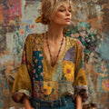Women's Bohemian Patchwork Colorful Floral V-neck Linen Top elevenforest