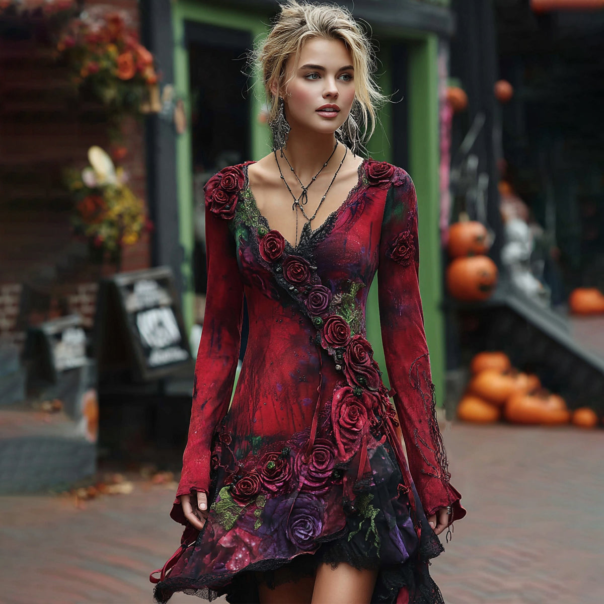 Retro Red Rose Embroidery Beaded Gradient Mini Dress elevenforest