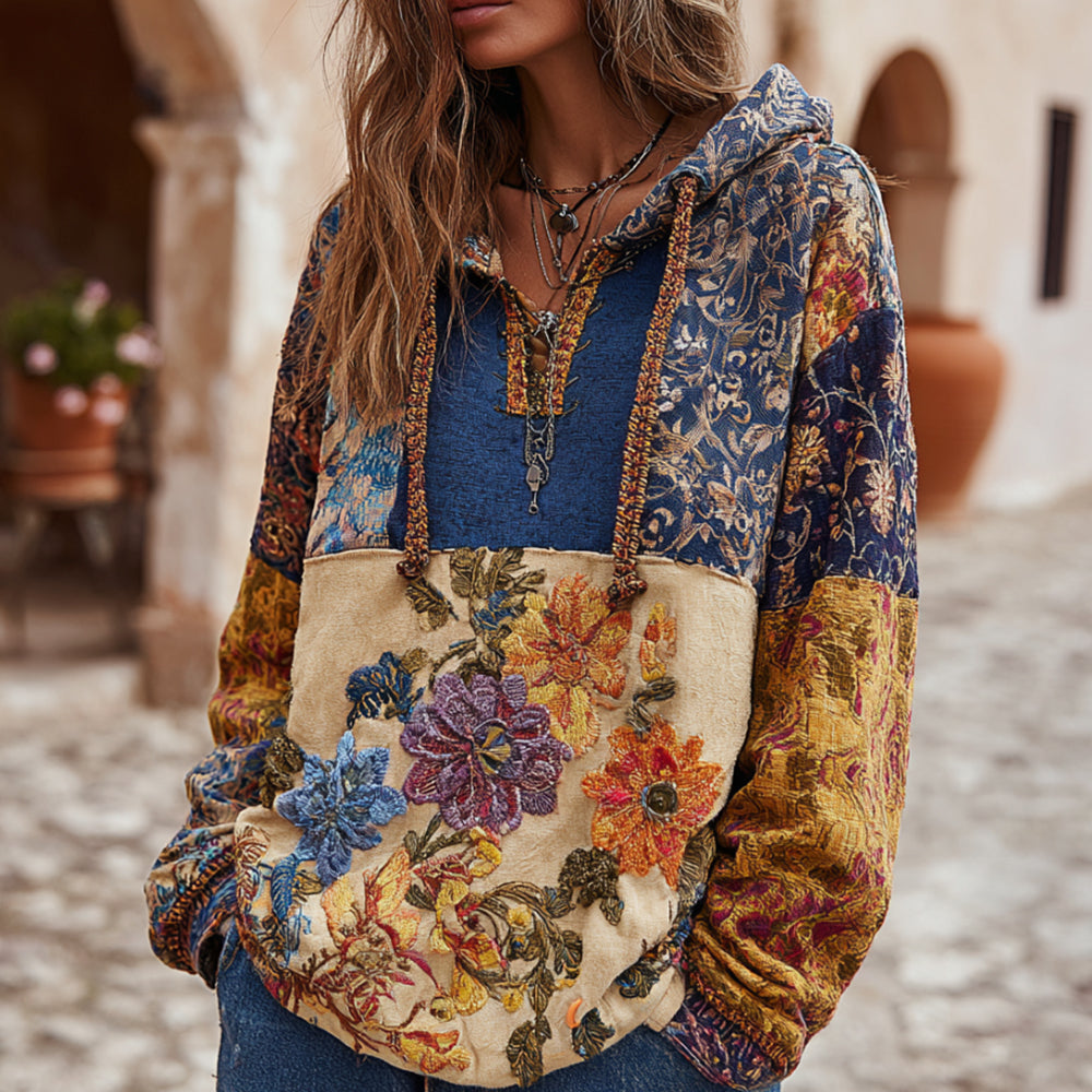 Bohemian Style Multi-colored Flower Embroidery Patchwork Vintage Hooded Long-sleeved Sweater elevenforest
