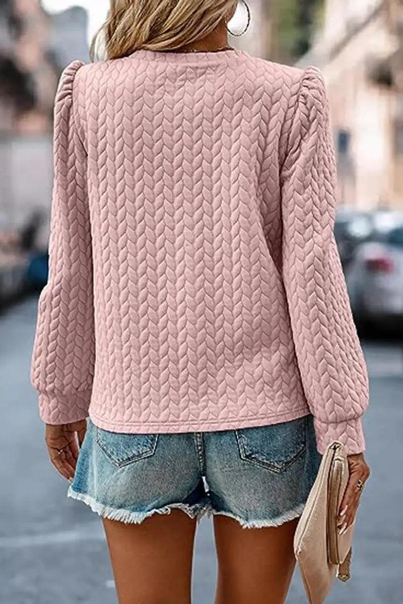 Cable Textured Puff Sleeve Sweatshirt in Light Pink