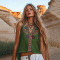 Women's Bohemia Floral Ethnic Style Linen V-neek Sleeveless Top elevenforest