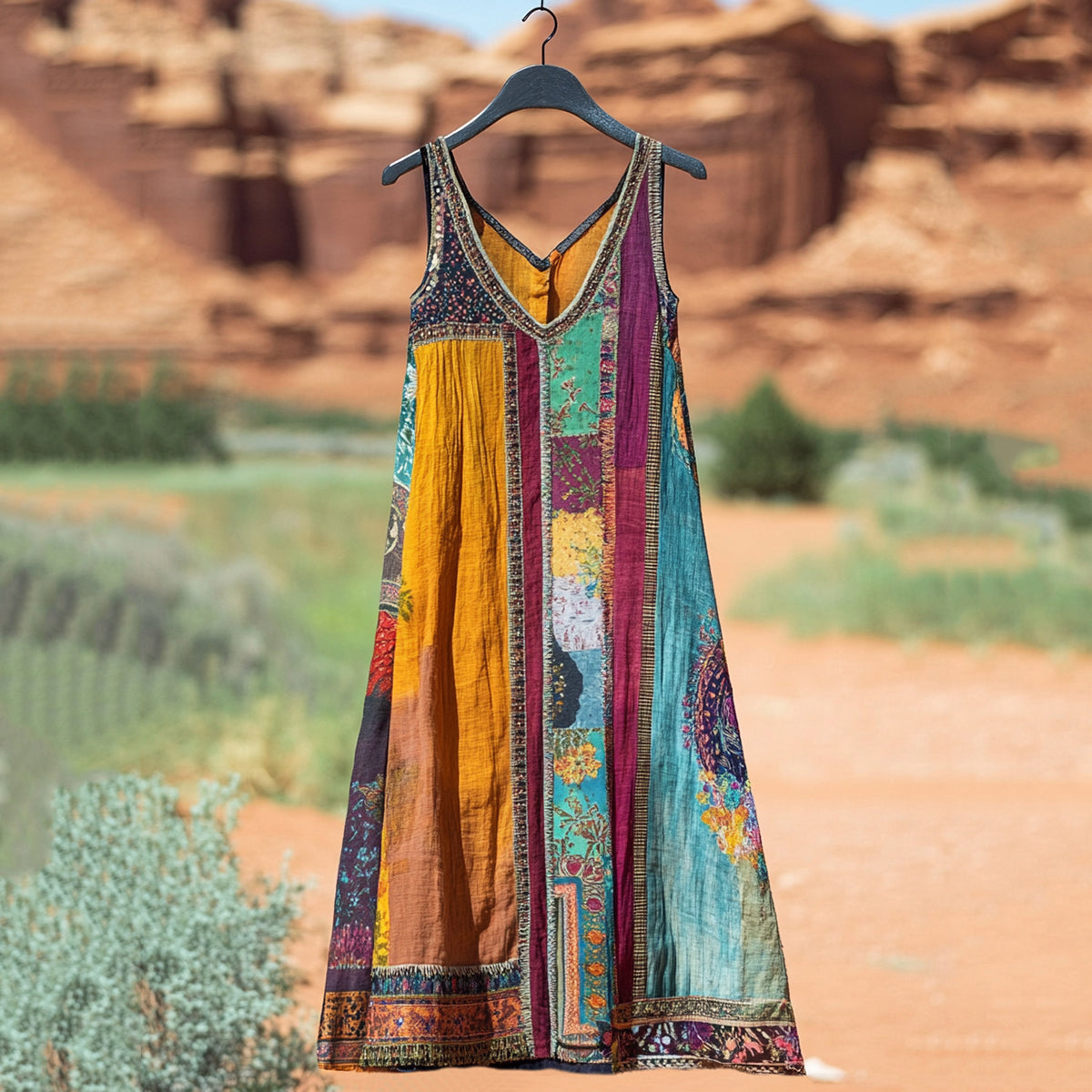 Women's Bohemian Floral Patchwork Vintage Linen Dress elevenforest