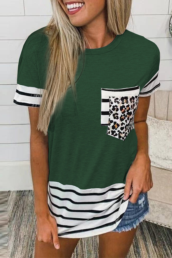 Striped Leopard Split Joint Pocket O Neck T-shirts(10 Colors)