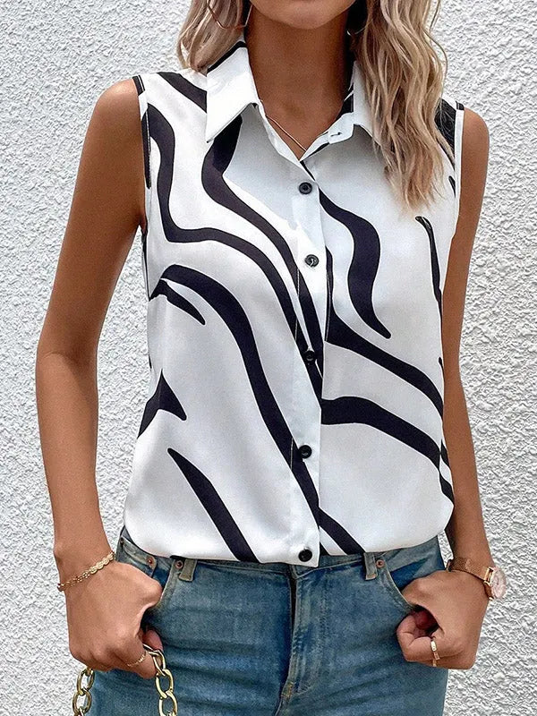Loose Sleeveless Buttoned Printed Lapel Blouses&shirts Tops
