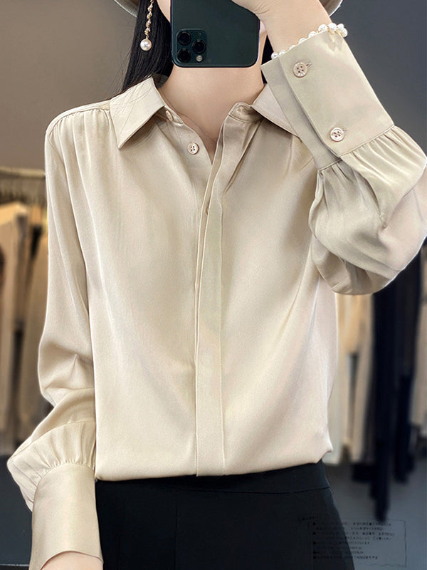 Long Sleeves Loose Buttoned Pleated Color Lapel Blouses&shirts Tops