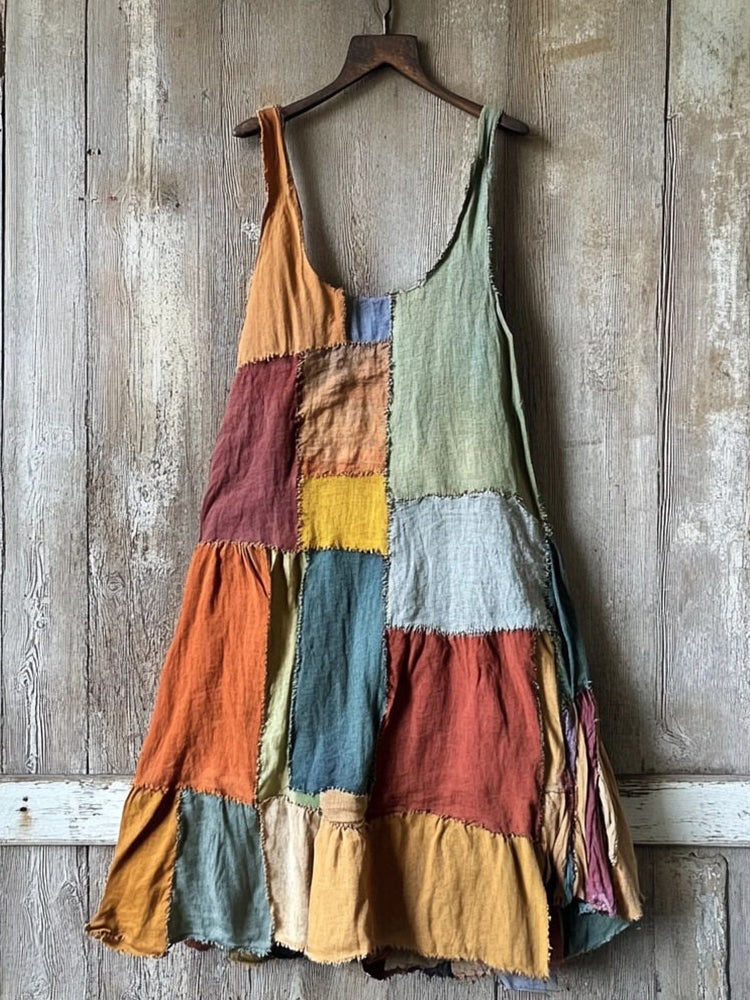 Multicolor Patchwork Linen Blend Midi Dress elevenforest