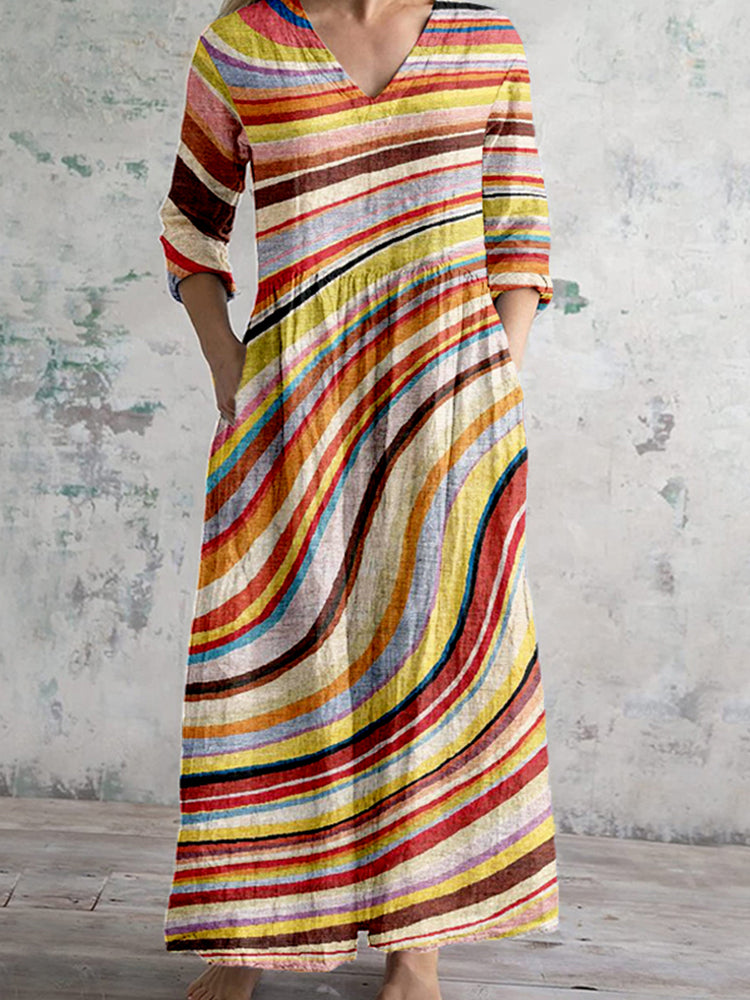 Colorful Abstract Lines Art Pattern Linen Maxi Dress elevenforest