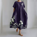 Comstylish Women's Japanese Flower Art Print Crew Neck Short Sleeve Midi Dress