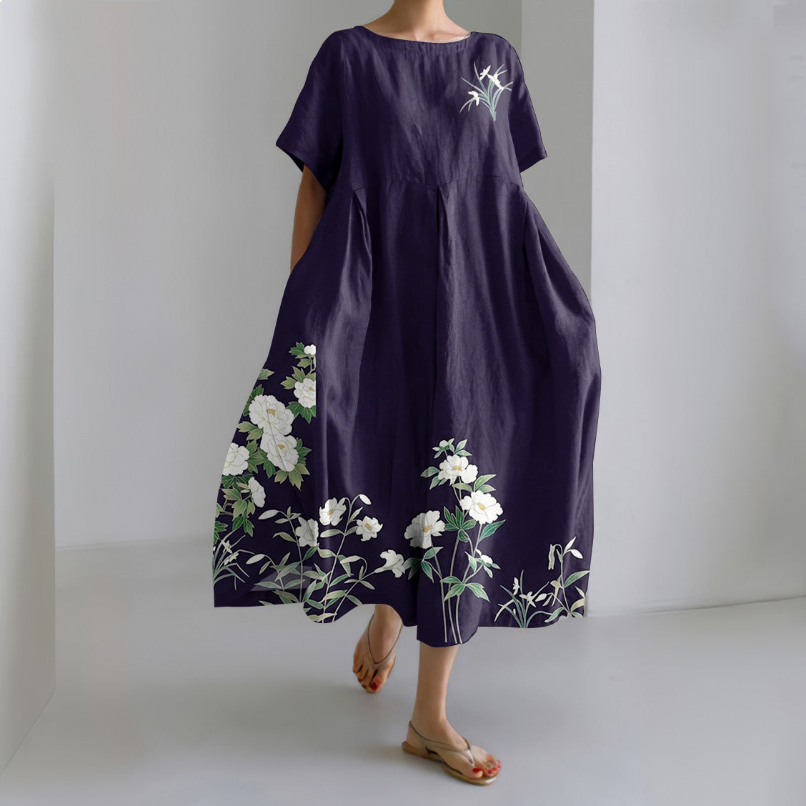 Comstylish Women's Japanese Flower Art Print Crew Neck Short Sleeve Midi Dress