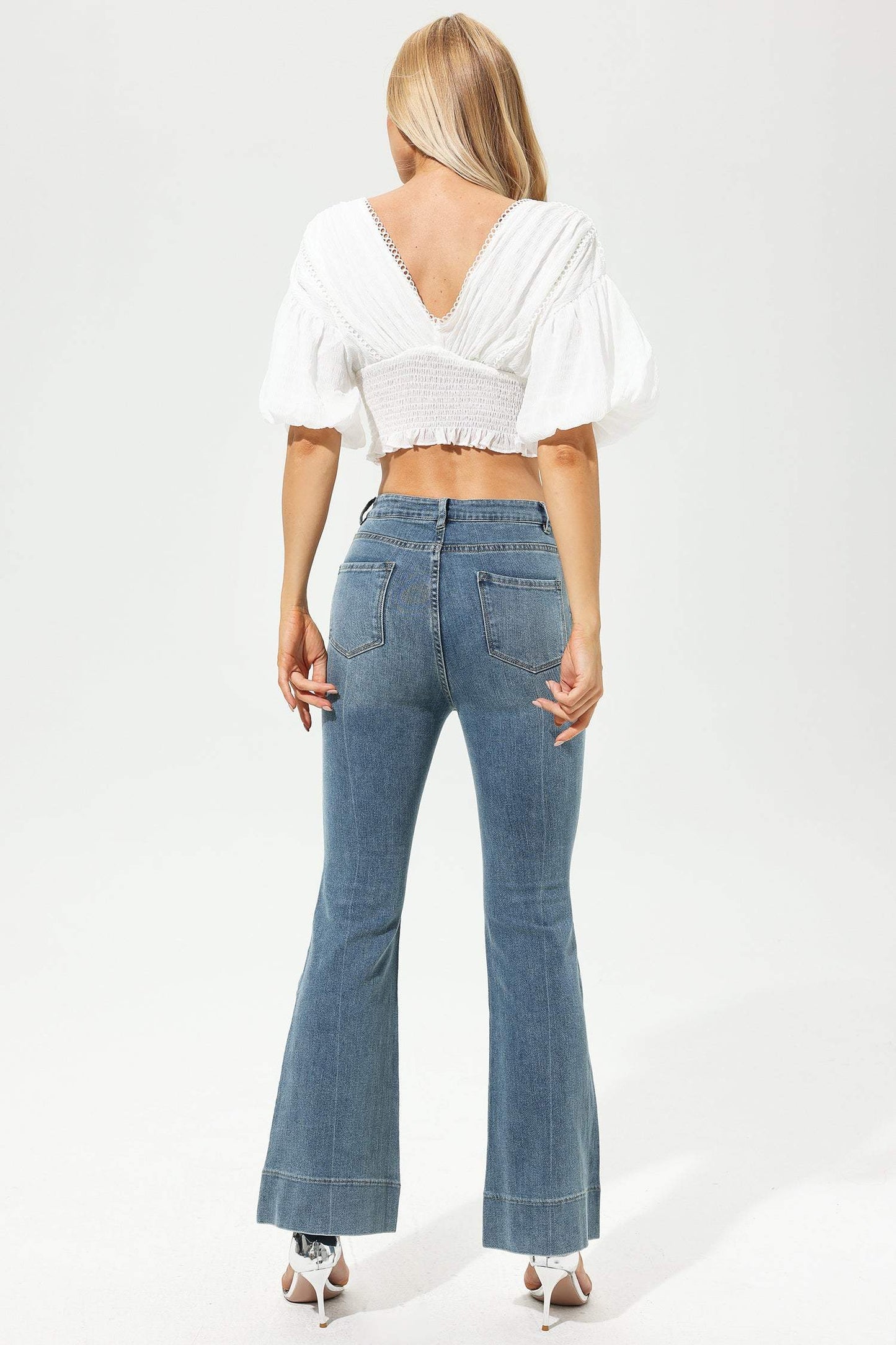 Mid Sleeve V-neck Top White