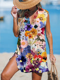 Retro Colorful Flowers Women's Print Casual Cotton And Linen 3/4 Sleeve Shirt