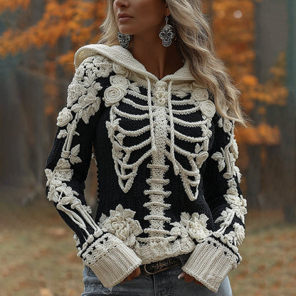 Women's Halloween Skeleton Bones With Roses Art Knitted Warm Hooded Sweater artswardrobe
