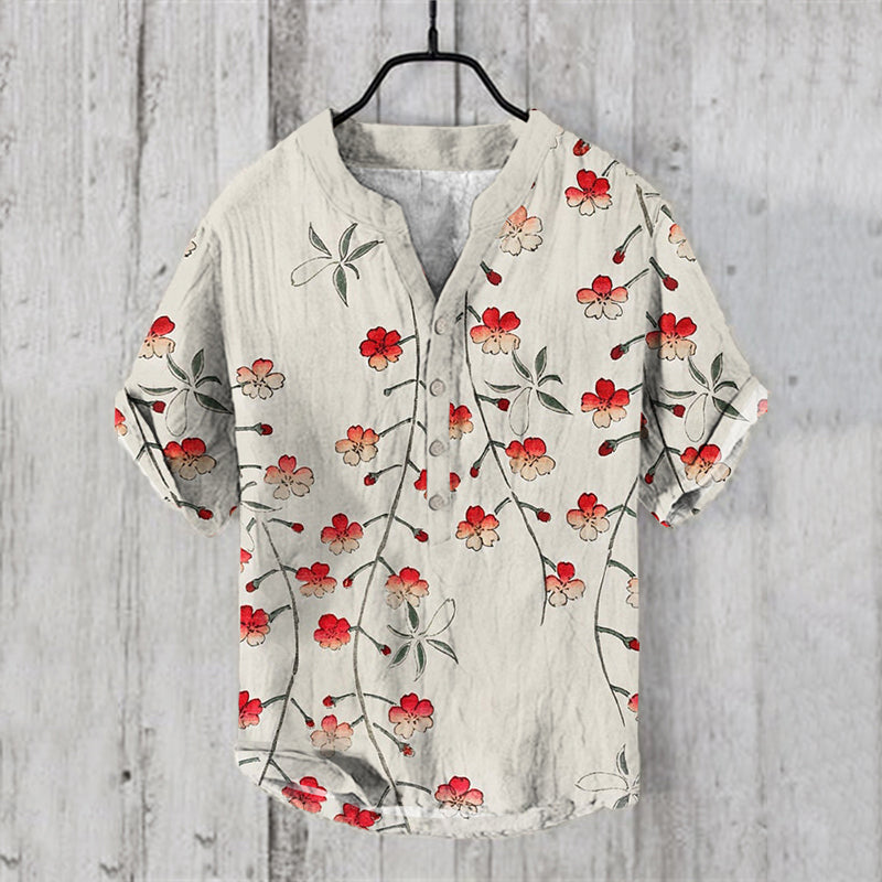 Japanese Art Cherry Blossom Print V-Neck Short Sleeved Shirt elevenforest