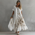 Women's White Rose Embroidery Art Round Neck Short Sleeve Linen Blend Midi Dress elevenforest