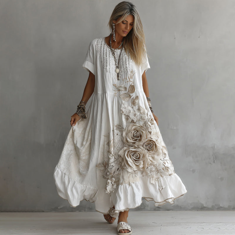 Women's White Rose Embroidery Art Round Neck Short Sleeve Linen Blend Midi Dress elevenforest
