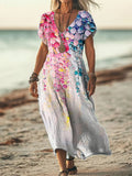 Women's Colorful Oil Painting Textured Linen Blend Dress elevenforest