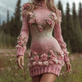 Women's Pink Rose Embroidered Art Knit Turtleneck Mini Sweater Dress elevenforest