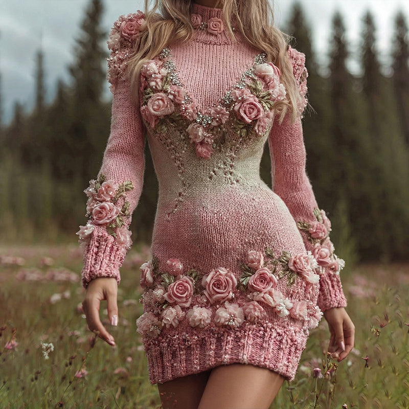 Women's Pink Rose Embroidered Art Knit Turtleneck Mini Sweater Dress elevenforest