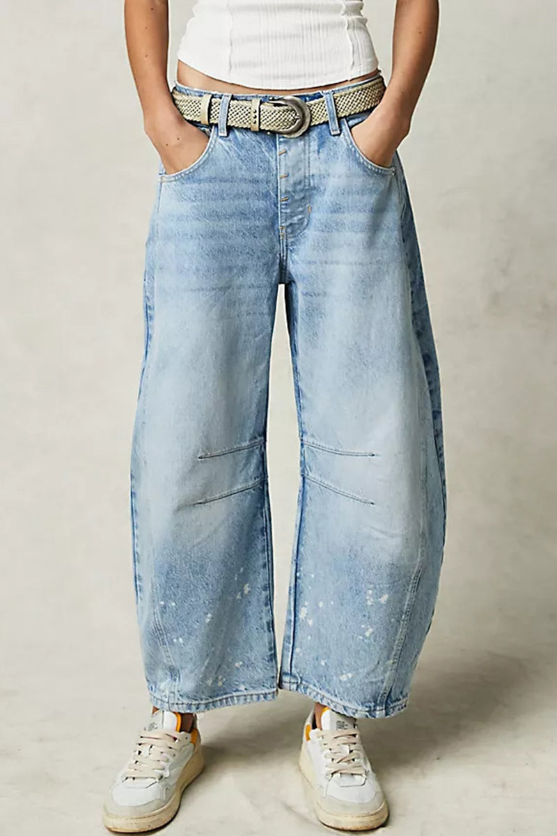 Pocket Without Belt Mid Waist Loose Denim Jeans(no Belt)
