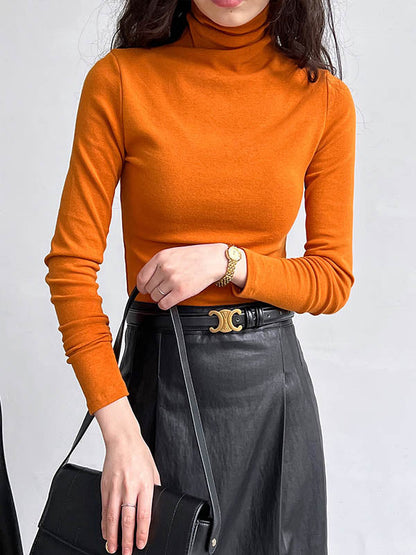 Long Sleeves Skinny Color Split-joint High Neck T-shirts
