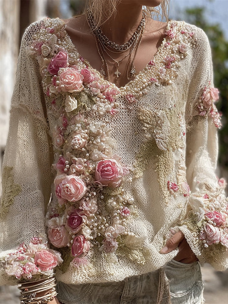 Boho Floral Pearl Embellished Lace Embroidered Women's V-neck Sweater elevenforest
