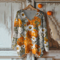 Fall Daisy And Pumpkin Embroidered Cozy Knit V-Neck Sweater artswardrobe
