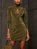 Olive Lace-Up Faux Suede Turtleneck Mini Dress