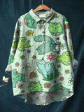 Vintage Lovely Cats Floral Art Print Casual Cotton And Linen Shirt