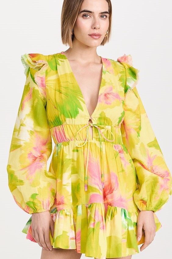 V-neck Frill Lantern Sleeve Mini Dress