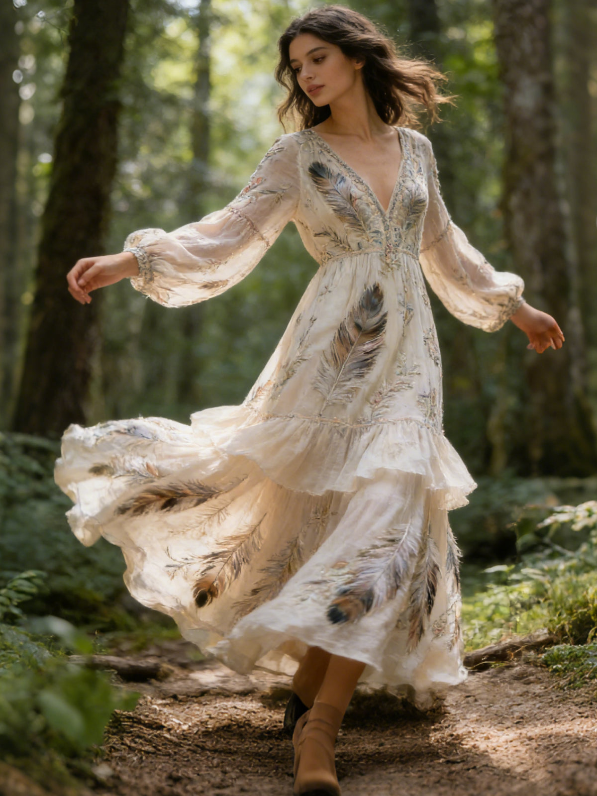 Vintage Boho Print V Neck Long Sleeve Flowy Maxi Dress elevenforest