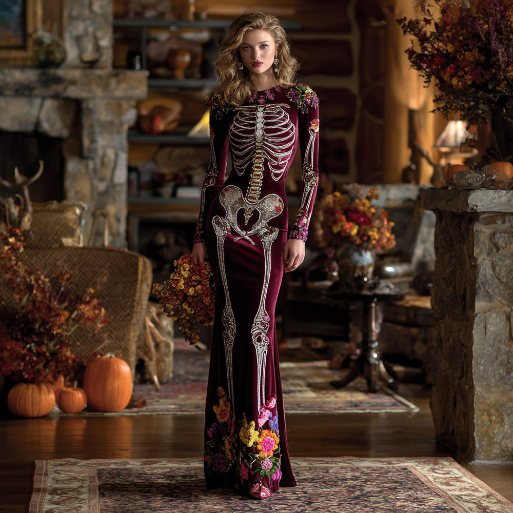 Retro Mexican Day Of The Dead Skeleton Bones Embroidery Flowers Cozy Velvet Maxi Dress elevenforest