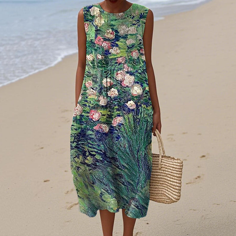 Women's Retro Oil Floral Painting Casual Midi Dress elevenforest