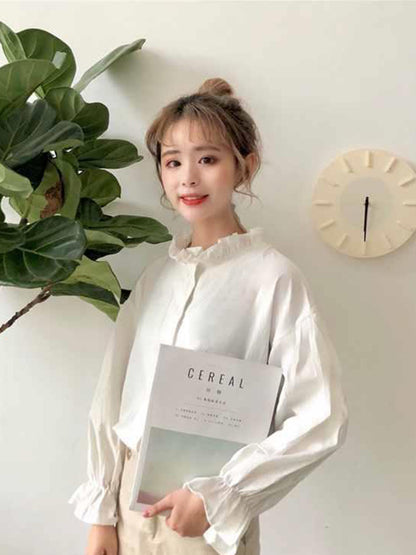 White Blouse Shirts Harajuku Clothes Tops and Blouses All Match Flare Sleeve Korean Style New Ulzzang