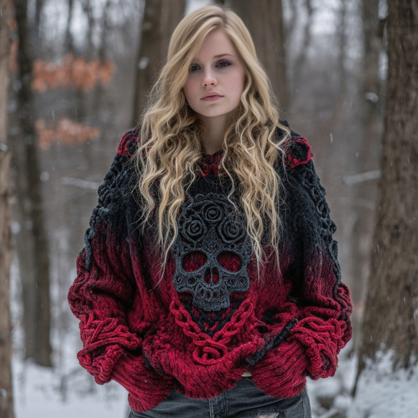 Women's Women's Halloween Rose Celtic Skull Gradient Art Knit Jacquard Crew Neck Sweater elevenforest