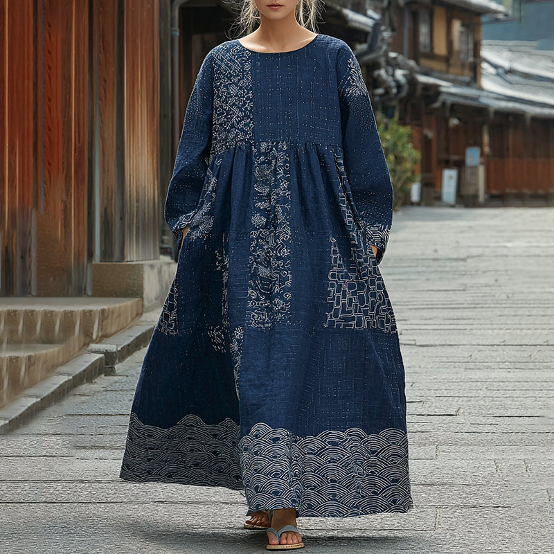 Women's Japanese Waves Art Linen Flowy Maxi Dress elevenforest