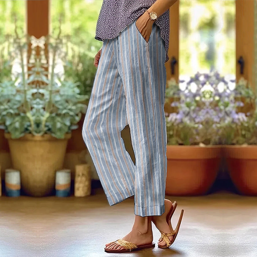 Comstylish Women's Blue And White Overlay Stripe Linen Casual Pants