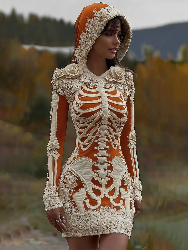 Women's Vintage Halloween Skeleton Bones With Rose Art Cozy Knit Hooded Sweater Dress artswardrobe
