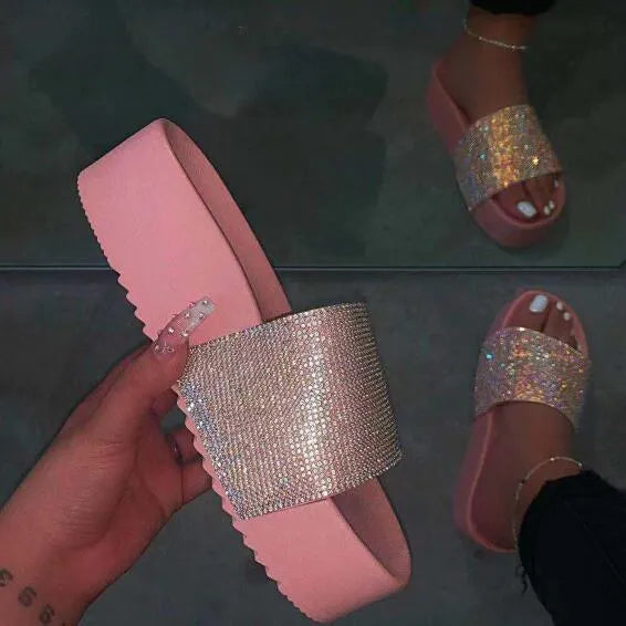 Beige Bling High Heel Beach Sandals Platform Slipper F686
