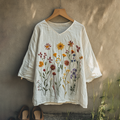 Boho Floral Tribal Embroidery Print Cotton And Linen Blend Loose Blouse elevenforest