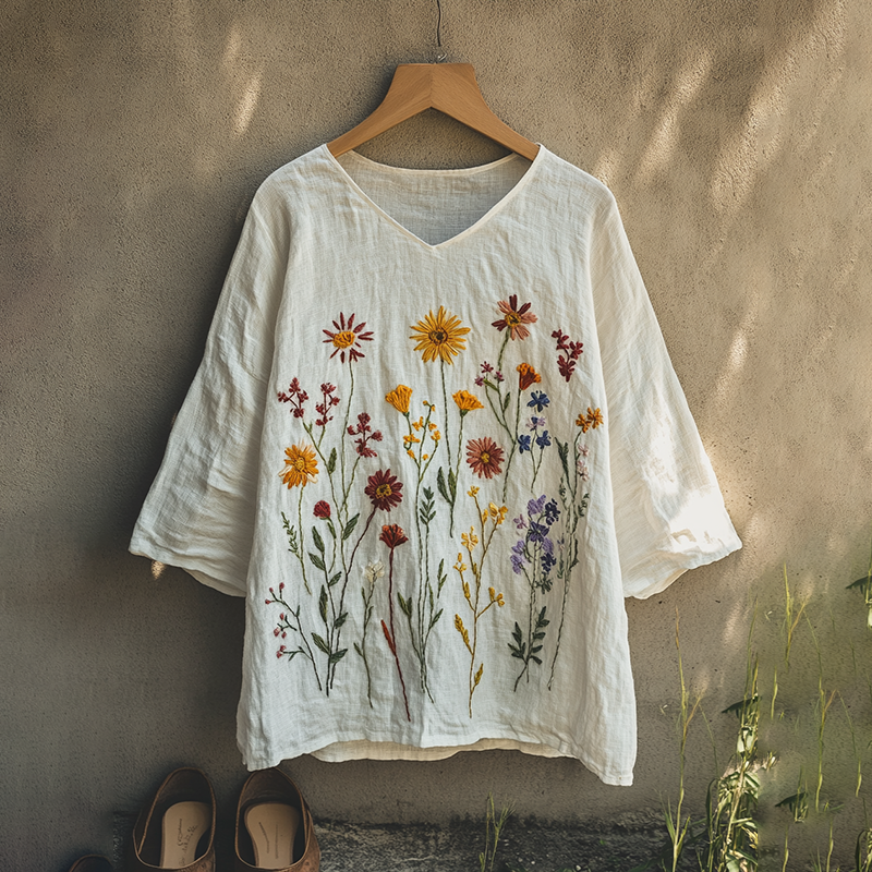 Boho Floral Tribal Embroidery Print Cotton And Linen Blend Loose Blouse elevenforest