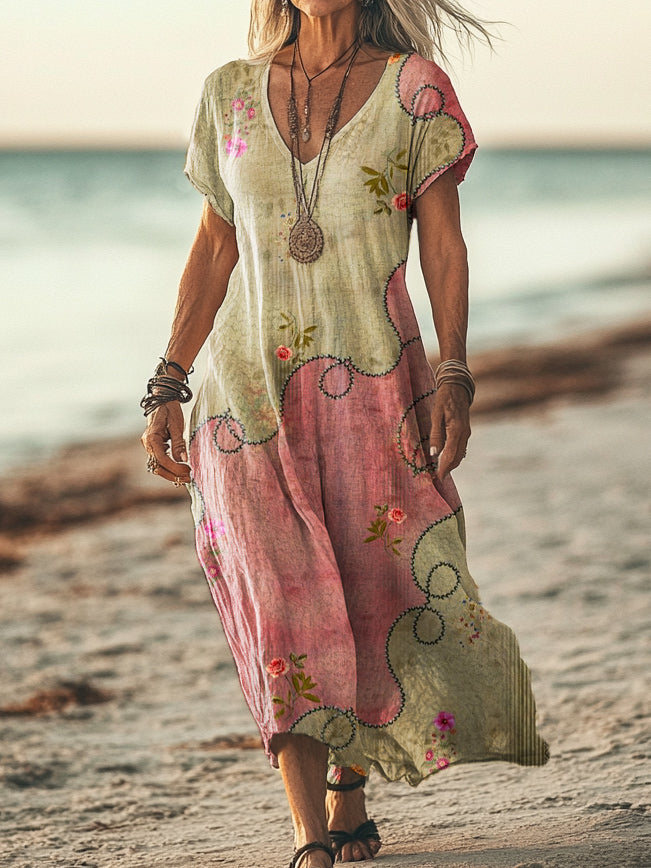 Women's Vintage Ethnic Floral Art Print Pocket Cotton Dress