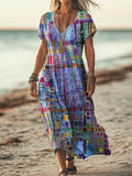 Women's Ethnic Patchwork Print Sleeveless V-Neck Pocket Cotton Dress