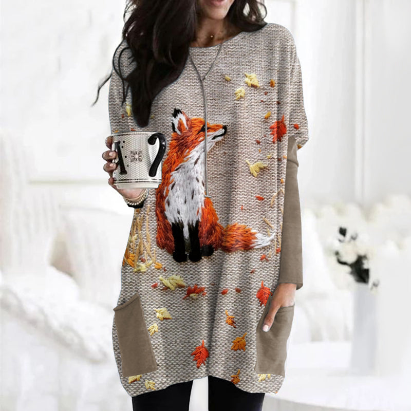 Comstylish Fall Fox Autumn Art Embroidered Comfy Tunic