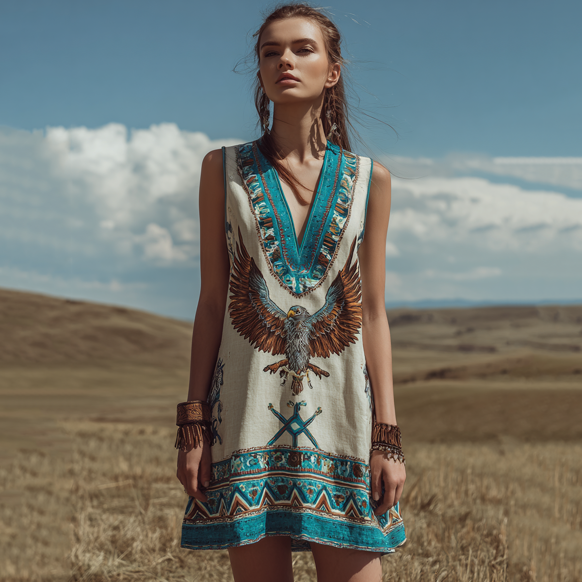 Women's Vintage Western Eagle Print Tank Midi Dress elevenforest