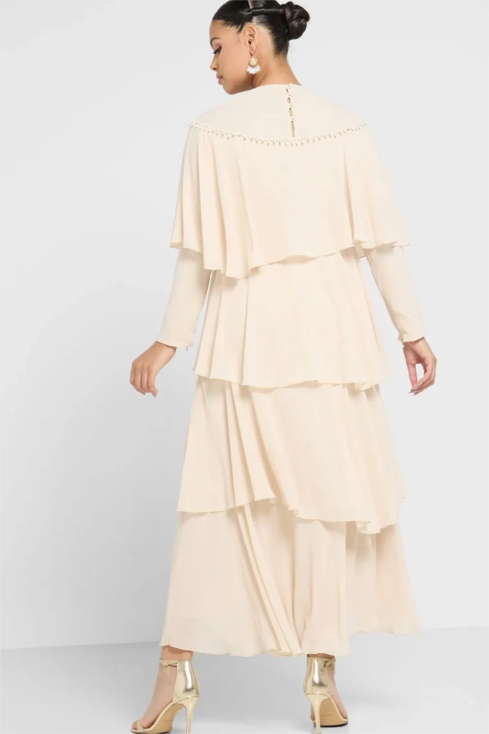 Long Sleeve Crew Collar Layered Maxi Dress White